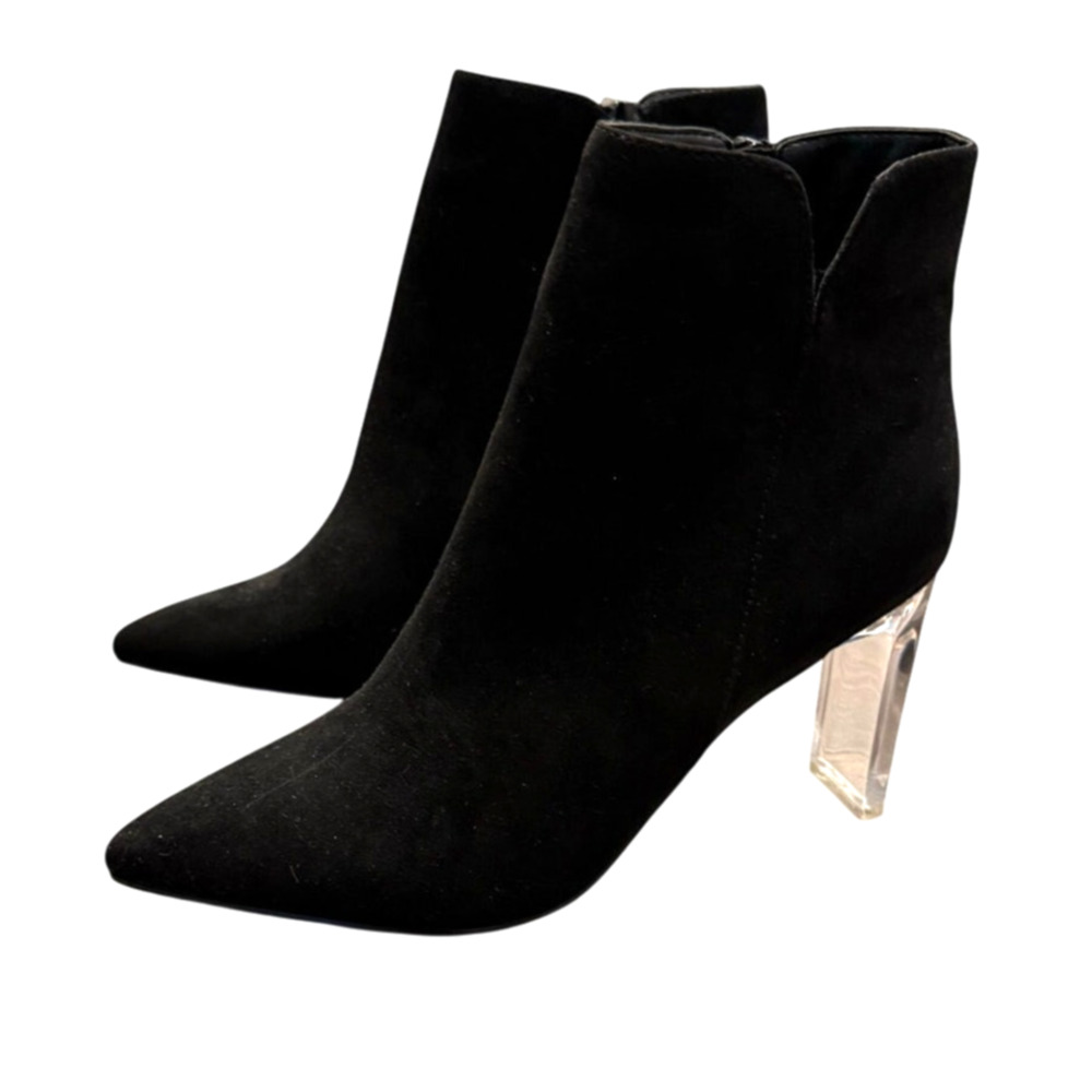 Marc New York Amelia Black Faux Suede Ankle Boots Clear Heel Sz 9